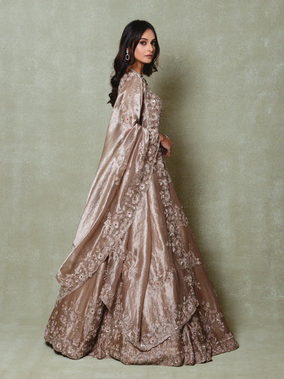 Brown and Silver Tissue Embroidered Lehenga Set - Vedant G
