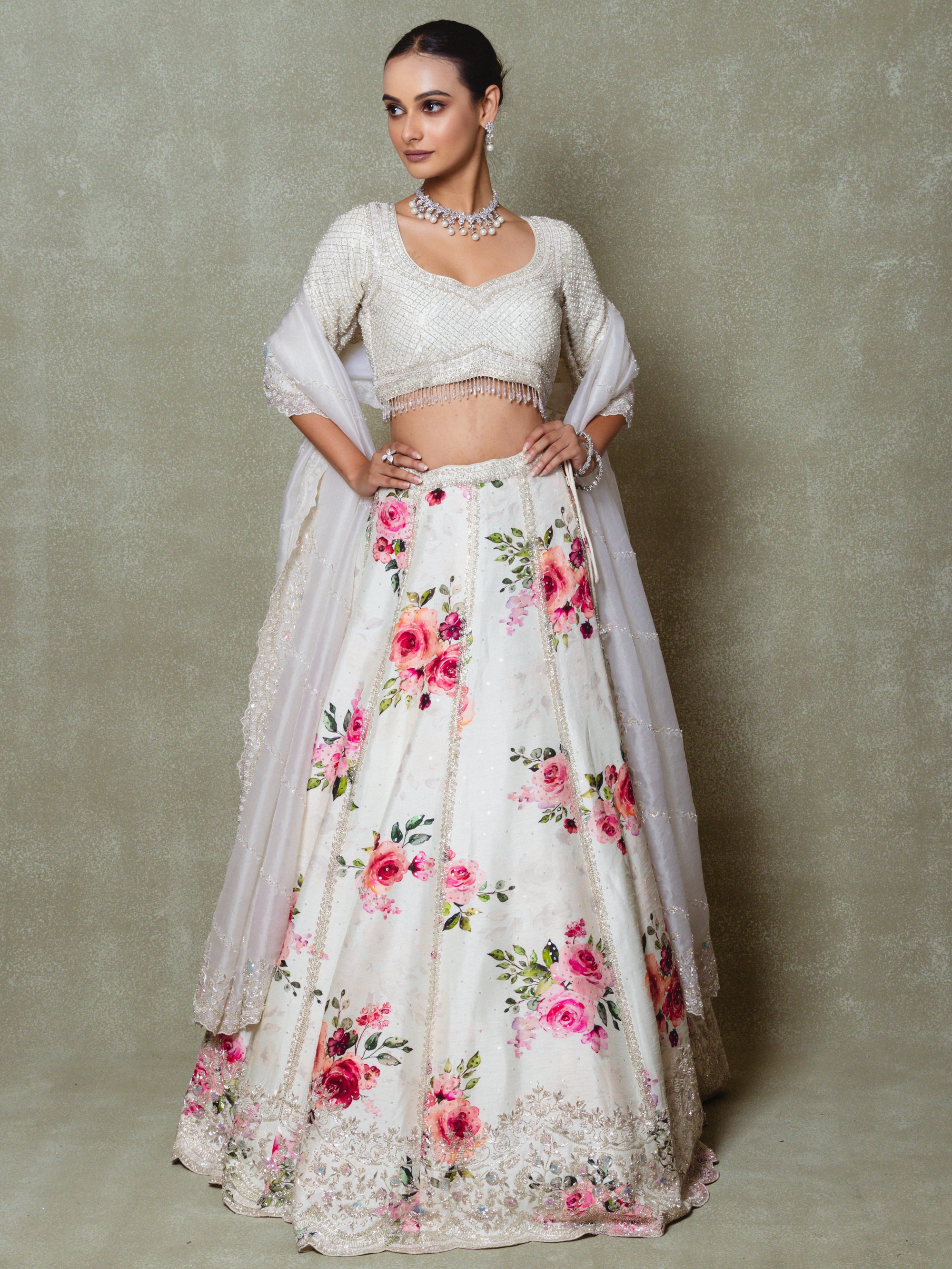 Ivory Silk Embroidered Lehenga Set