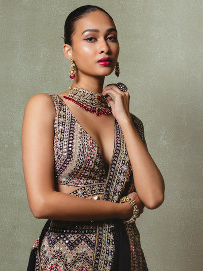 Black Crepe Silk Digital Printed Lehenga Set - Vedant G