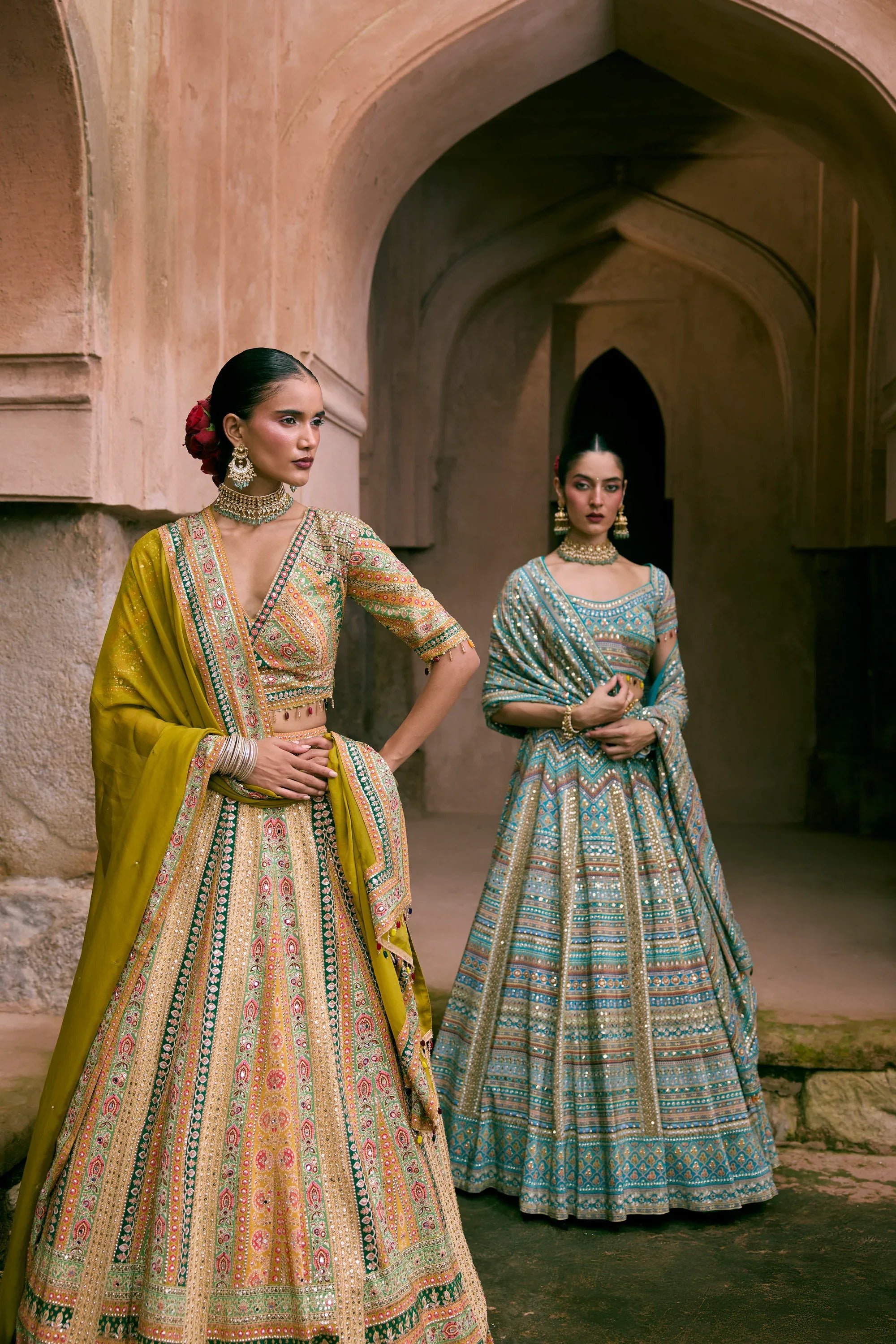 Green Crepe Sequins Embellished Lehenga Set - Vedant G