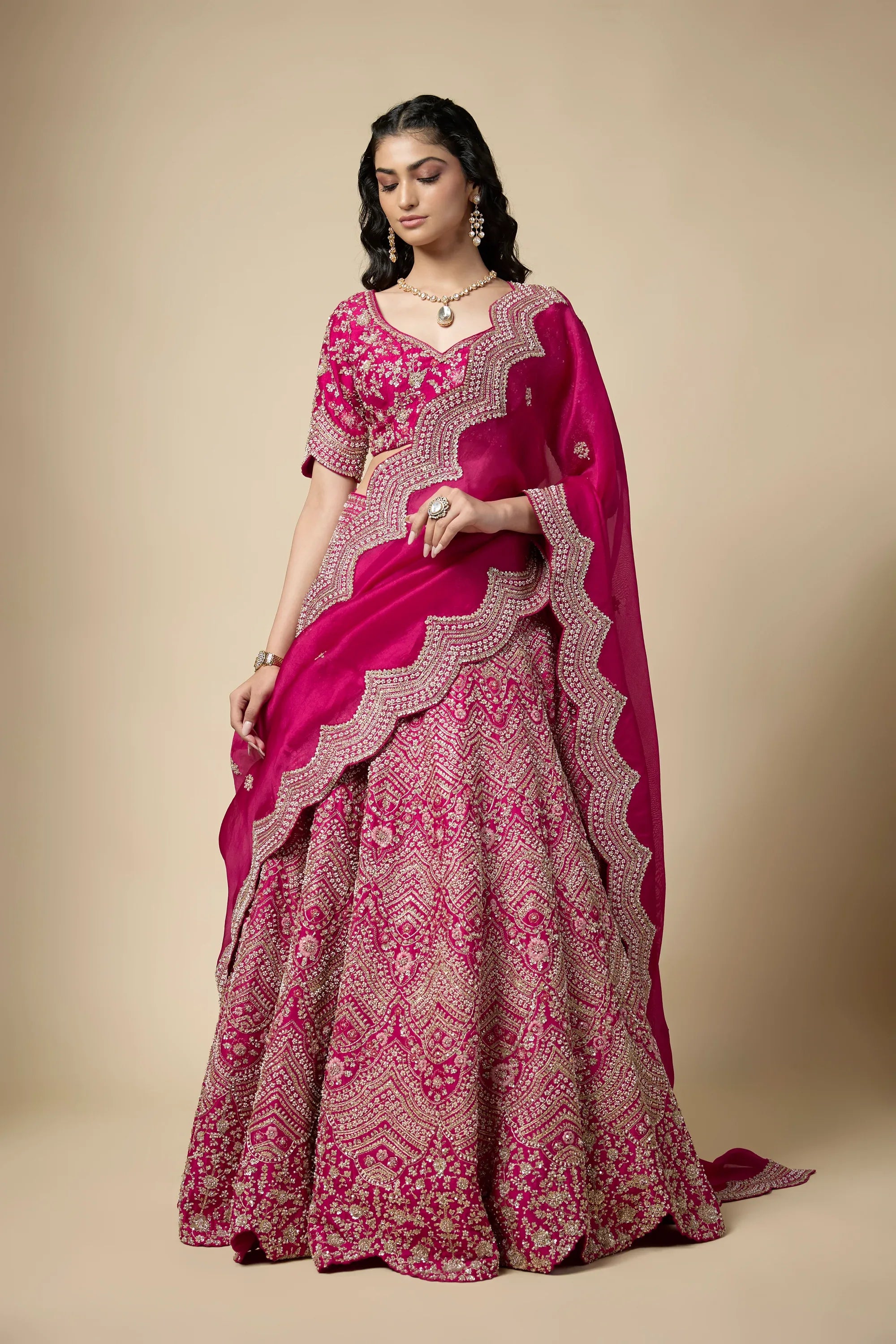 Fuschia Pink Silk Sequins Embroidered Lehenga Set - Vedant G