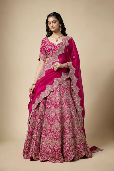 Fuschia Pink Silk Sequins Embroidered Lehenga Set - Vedant G