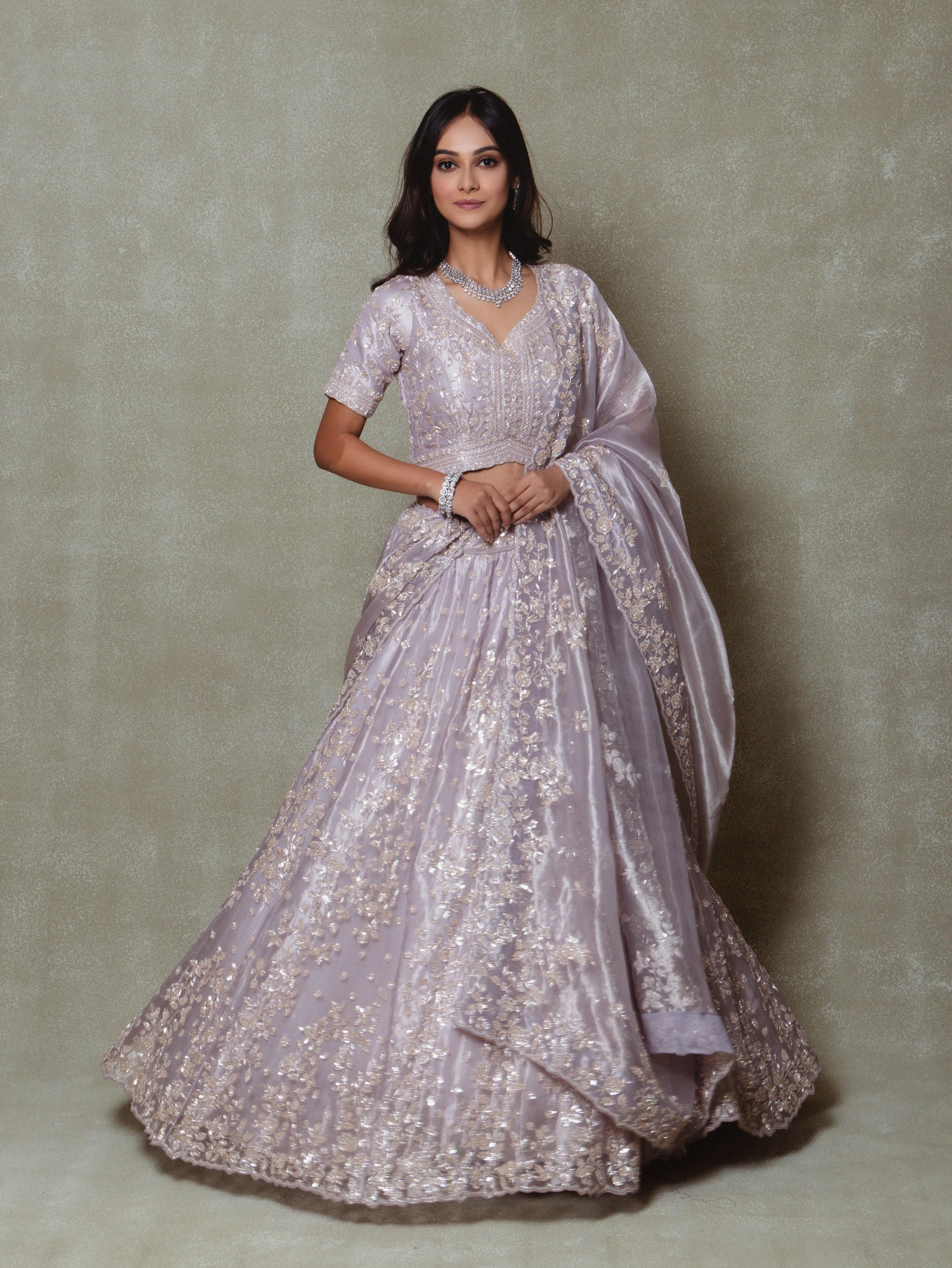 Lilac Tissue Pearls and Sequins Embroidered Lehenga Set