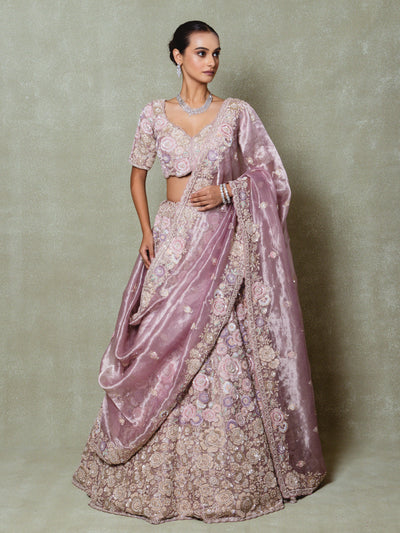 Lavender Tissue Zardosi Embroidered Lehenga Set