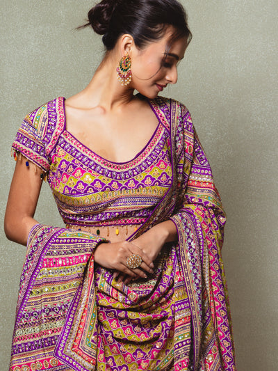 Purple Crepe Silk Digital Printed Lehenga Set
