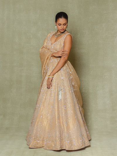 Gold Tissue Sequins Embroidered Lehenga Set - Vedant G