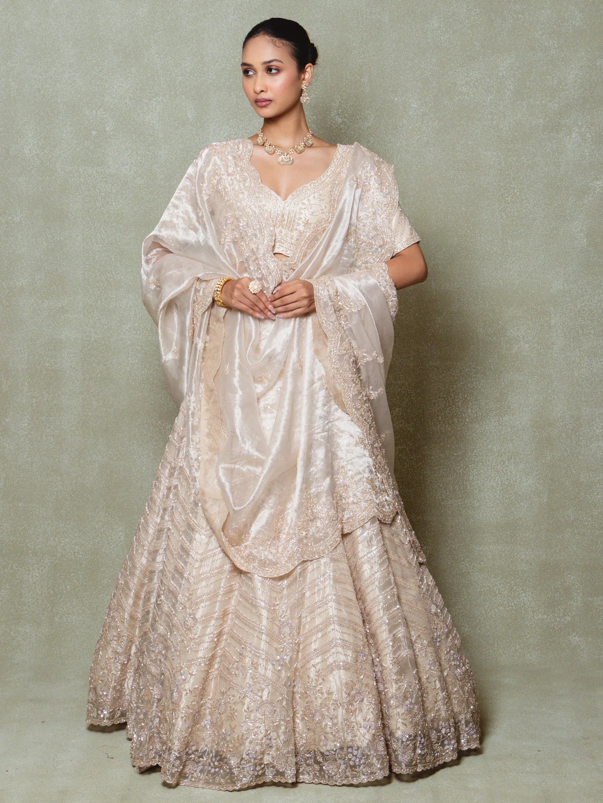 Champagne Tissue Cutdana Embroidered Lehenga Set - Vedant G