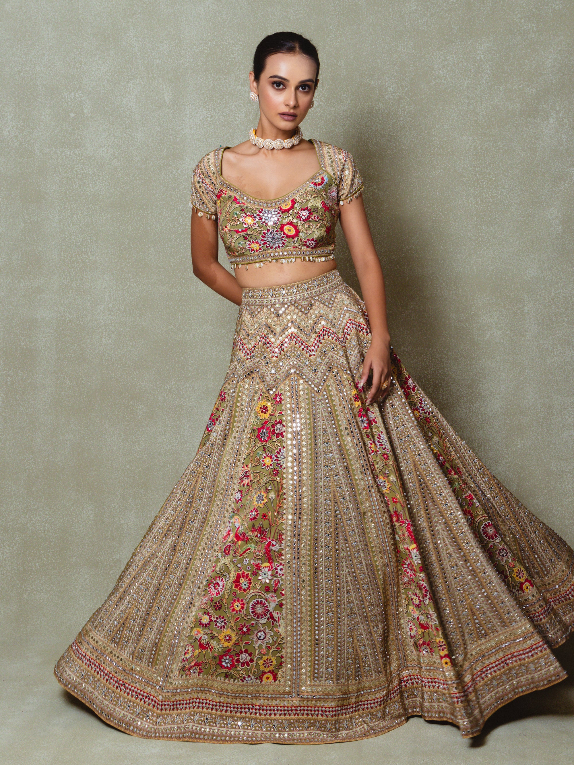 Olive Green Crepe Silk Digital Printed Lehenga Set