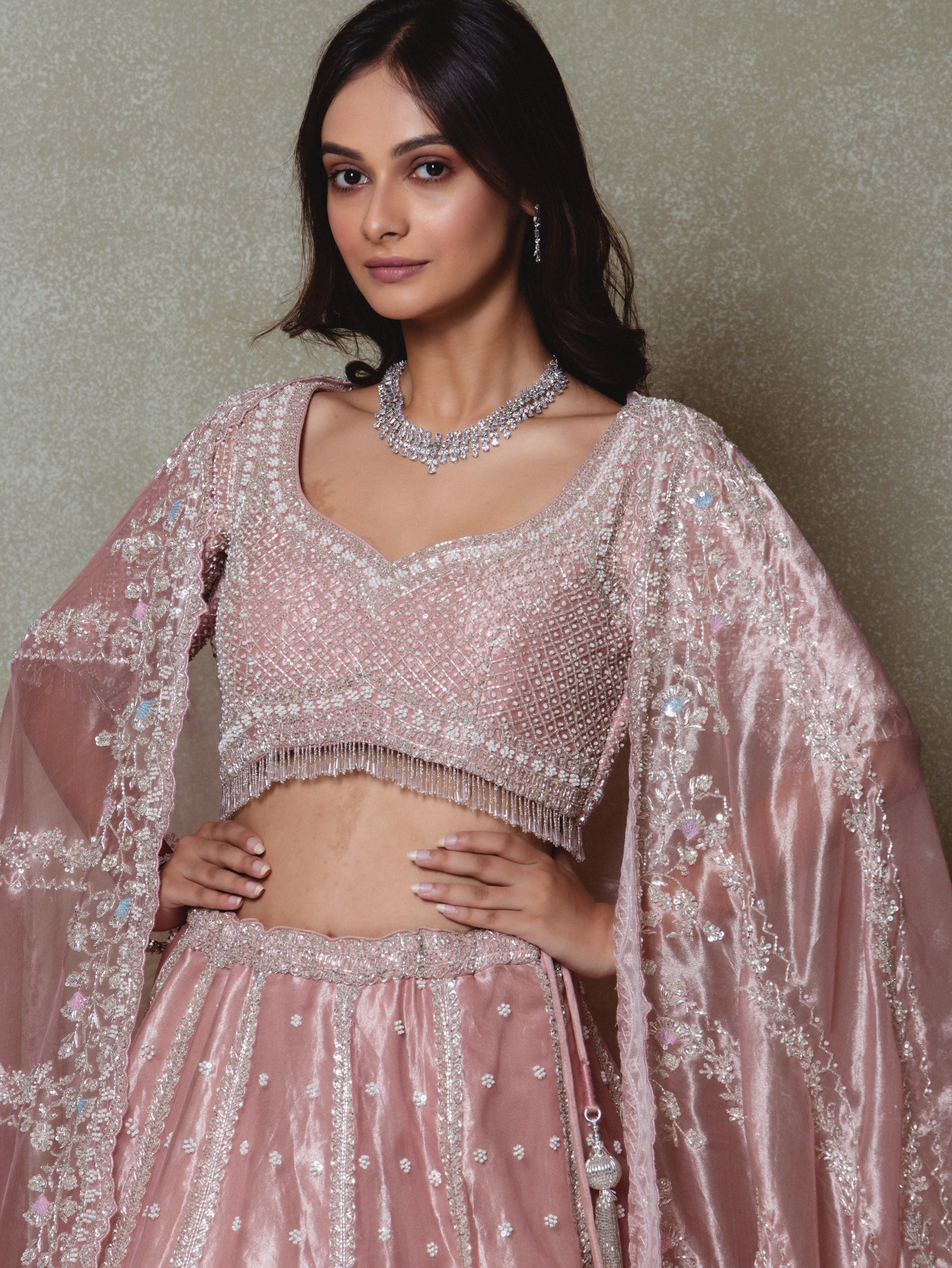 Rose Pink Tissue Pearls and Sequins Embroidered Lehenga Set