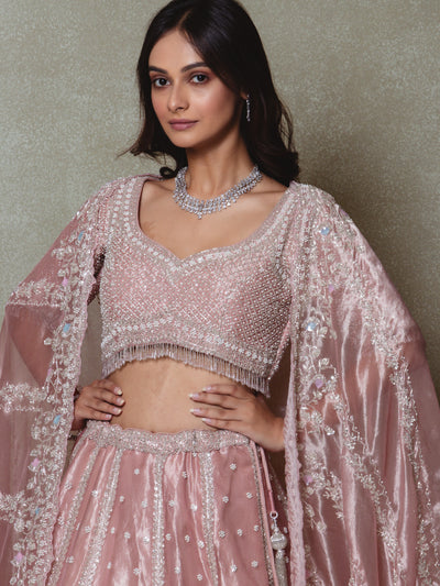 Rose Pink Tissue Pearls and Sequins Embroidered Lehenga Set