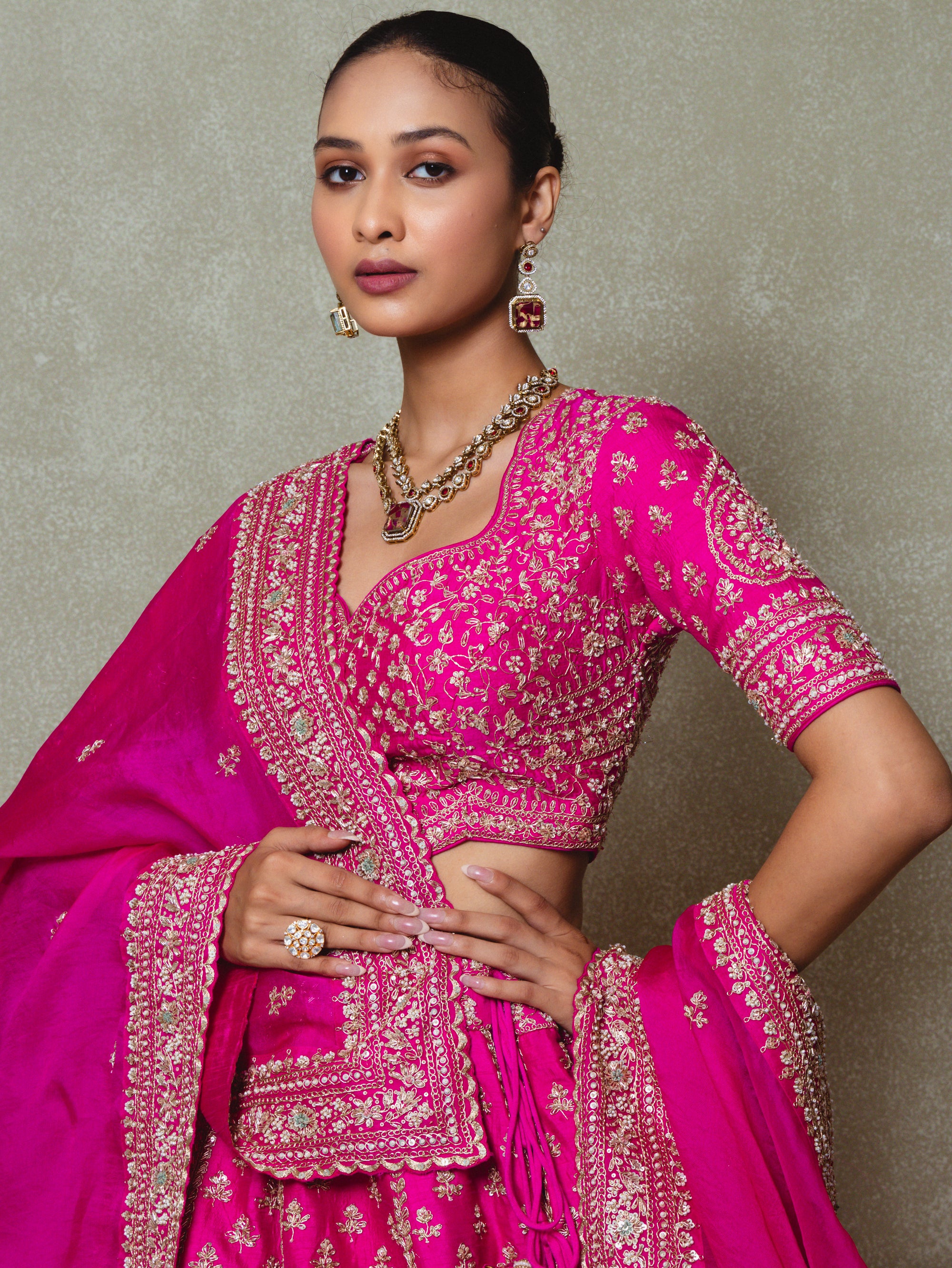 Rani Pink Tissue Embroidered Lehenga Set