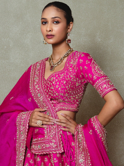 Rani Pink Tissue Embroidered Lehenga Set