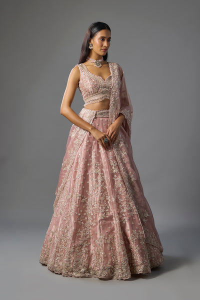 Rose Pink Tissue Sequins and Pearl Embroidered Lehenga Set