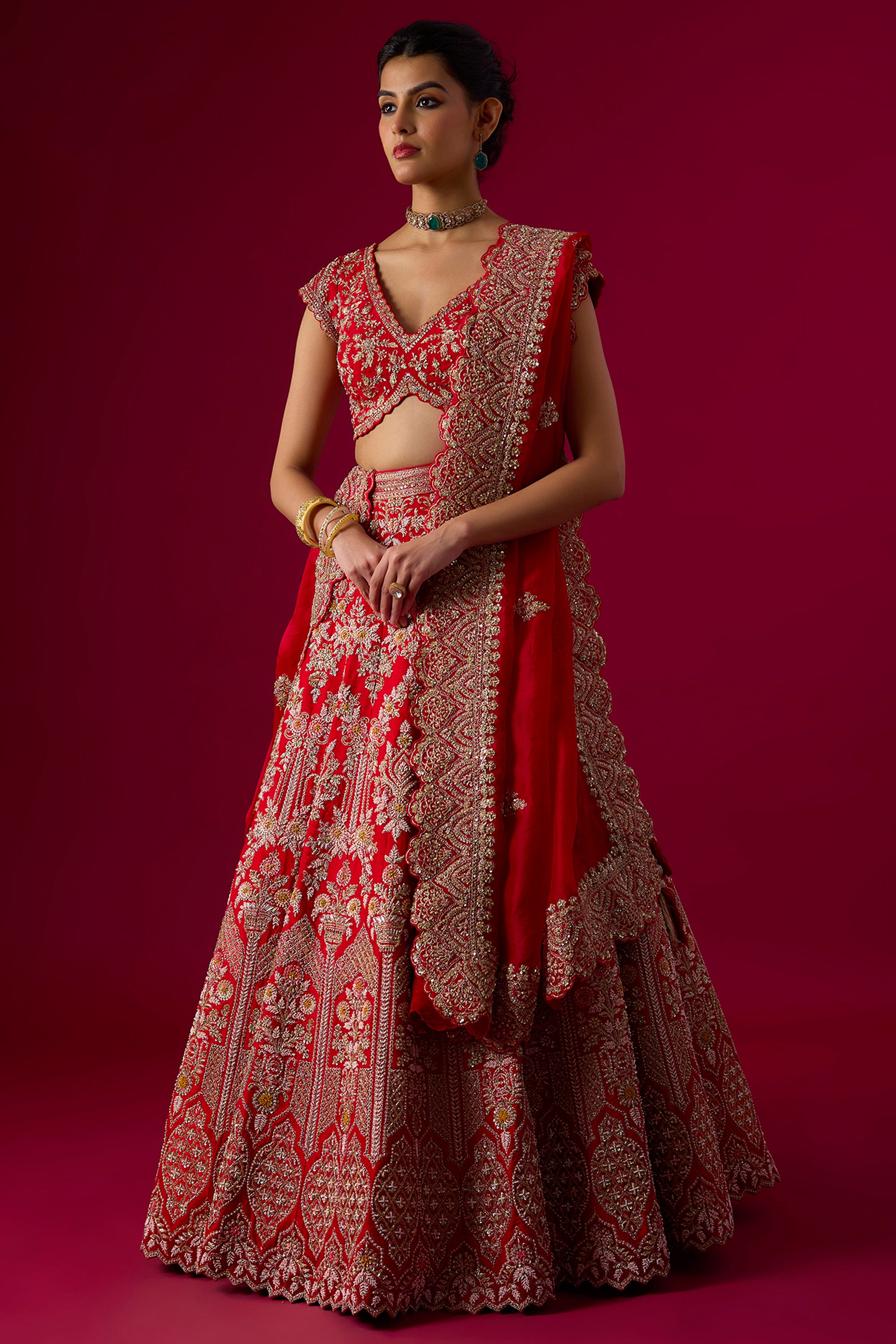 Red Silk Zardosi Embroidered Lehenga Set