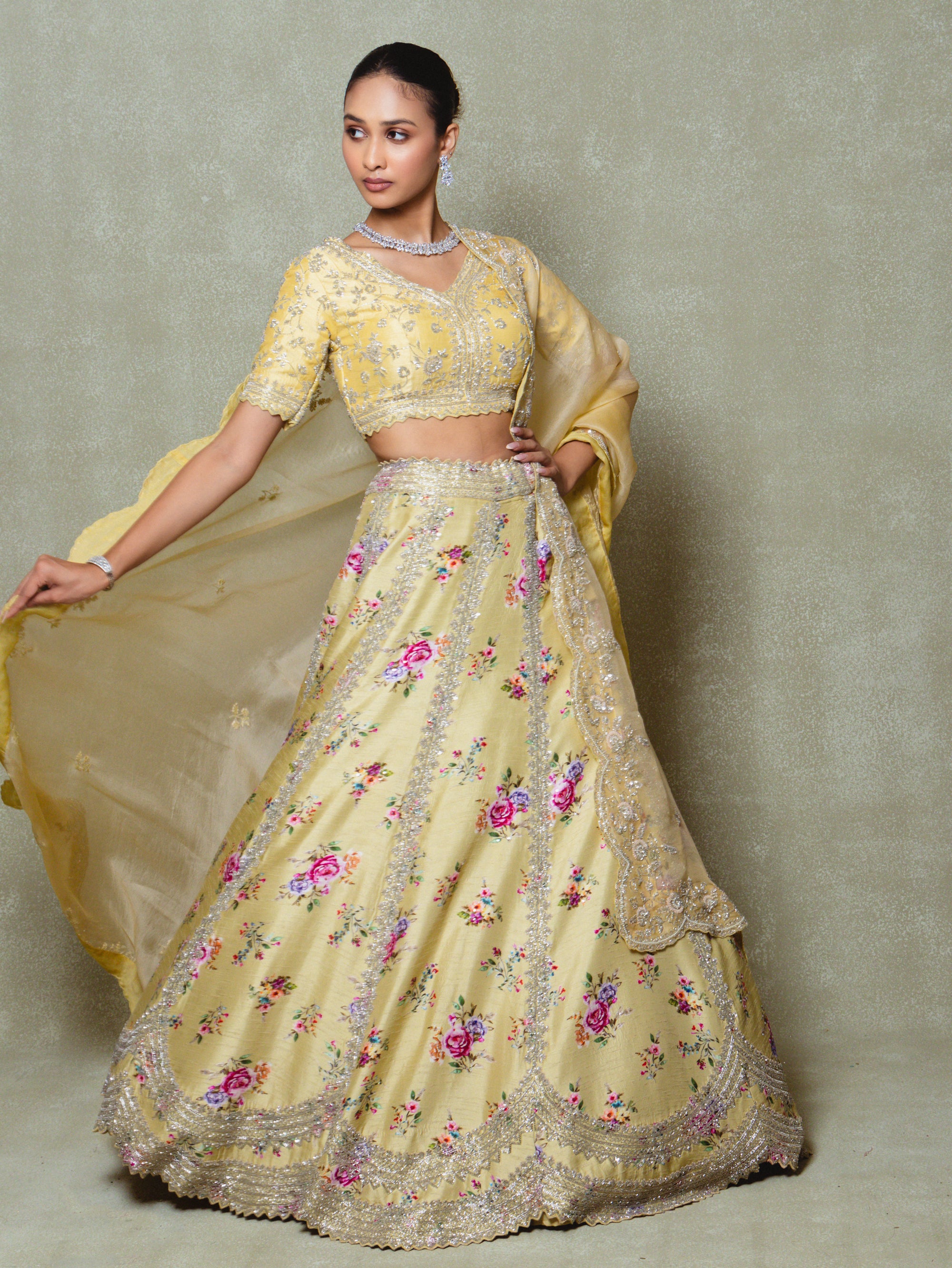 Yellow Silk Embroidered Lehenga Set
