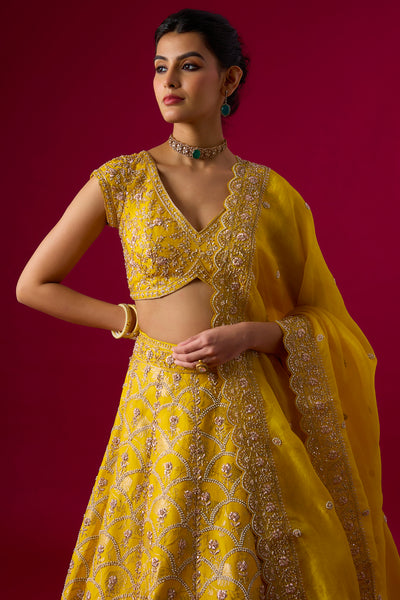 Yellow Brocade Sequins Embroidered Lehenga Set