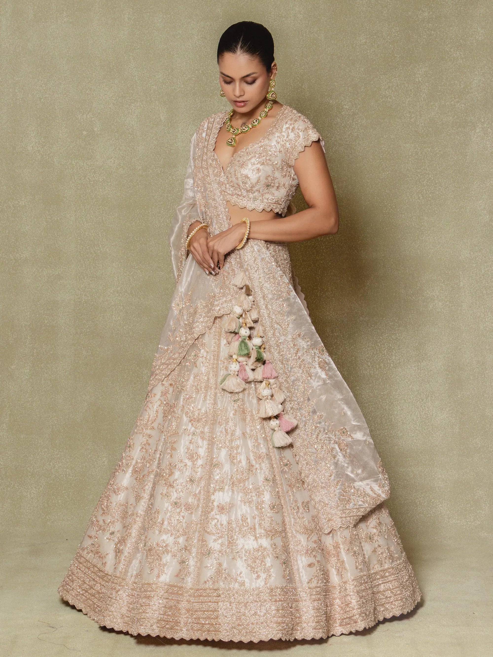 Champagne Silk Embroidered Lehenga Set - Vedant G