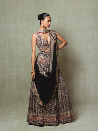 Black Crepe Silk Digital Printed Lehenga Set - Vedant G