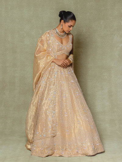 Gold Tissue Sequins Embroidered Lehenga Set - Vedant G