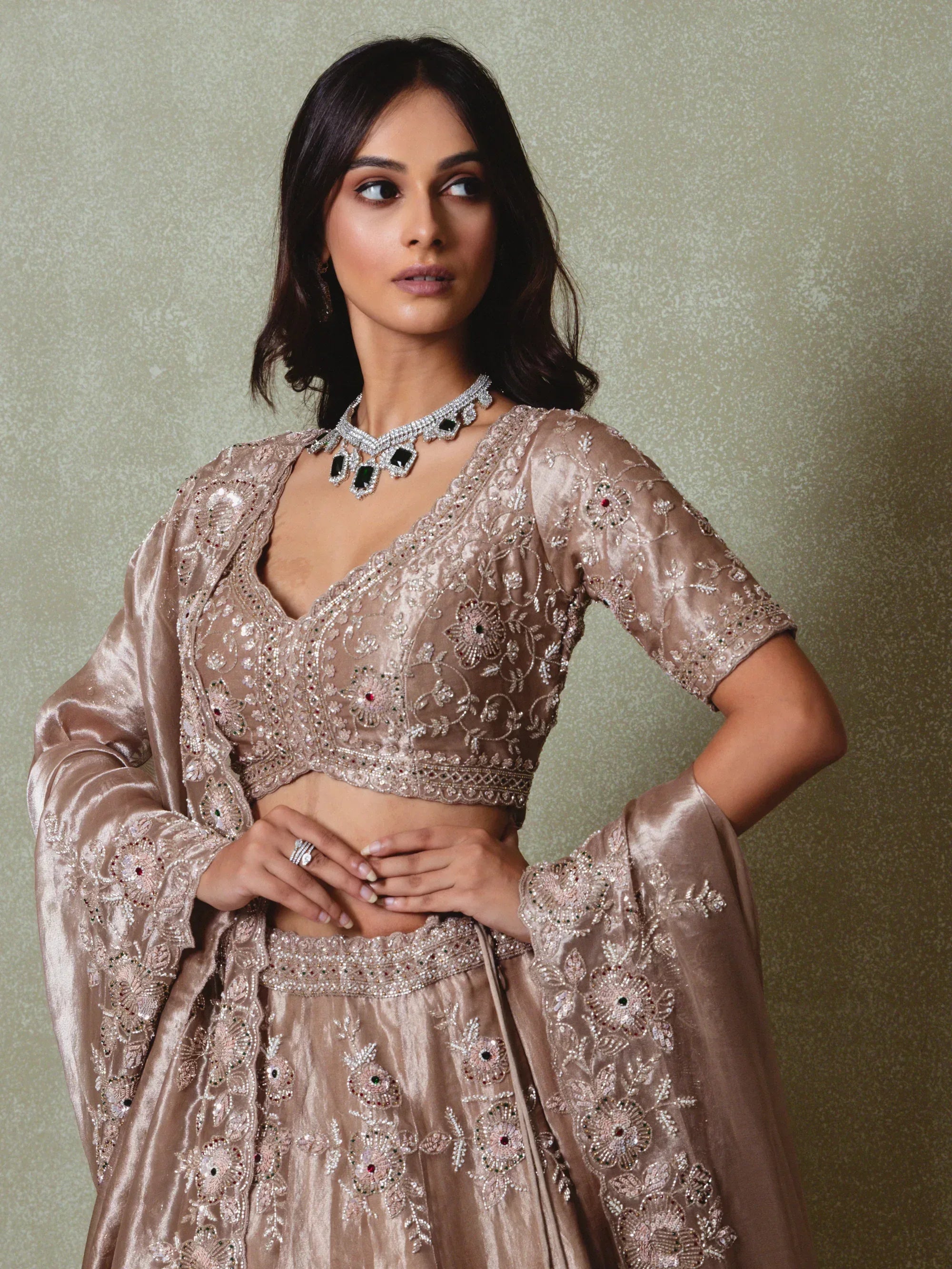 Brown and Silver Tissue Embroidered Lehenga Set - Vedant G