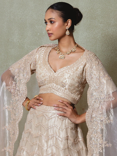 Champagne Tissue Cutdana Embroidered Lehenga Set - Vedant G