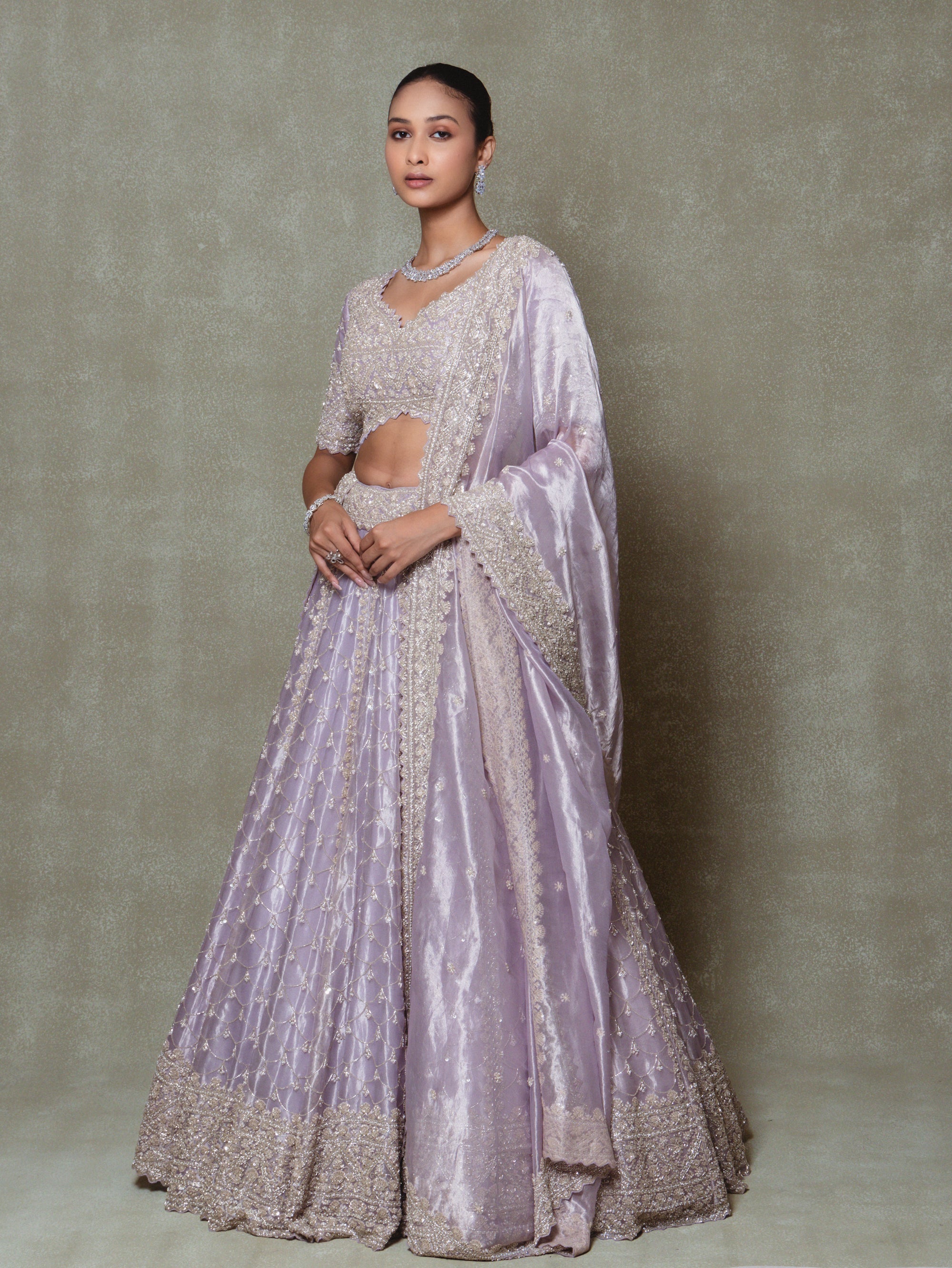 Lilac Tissue Embroidered Lehenga Set
