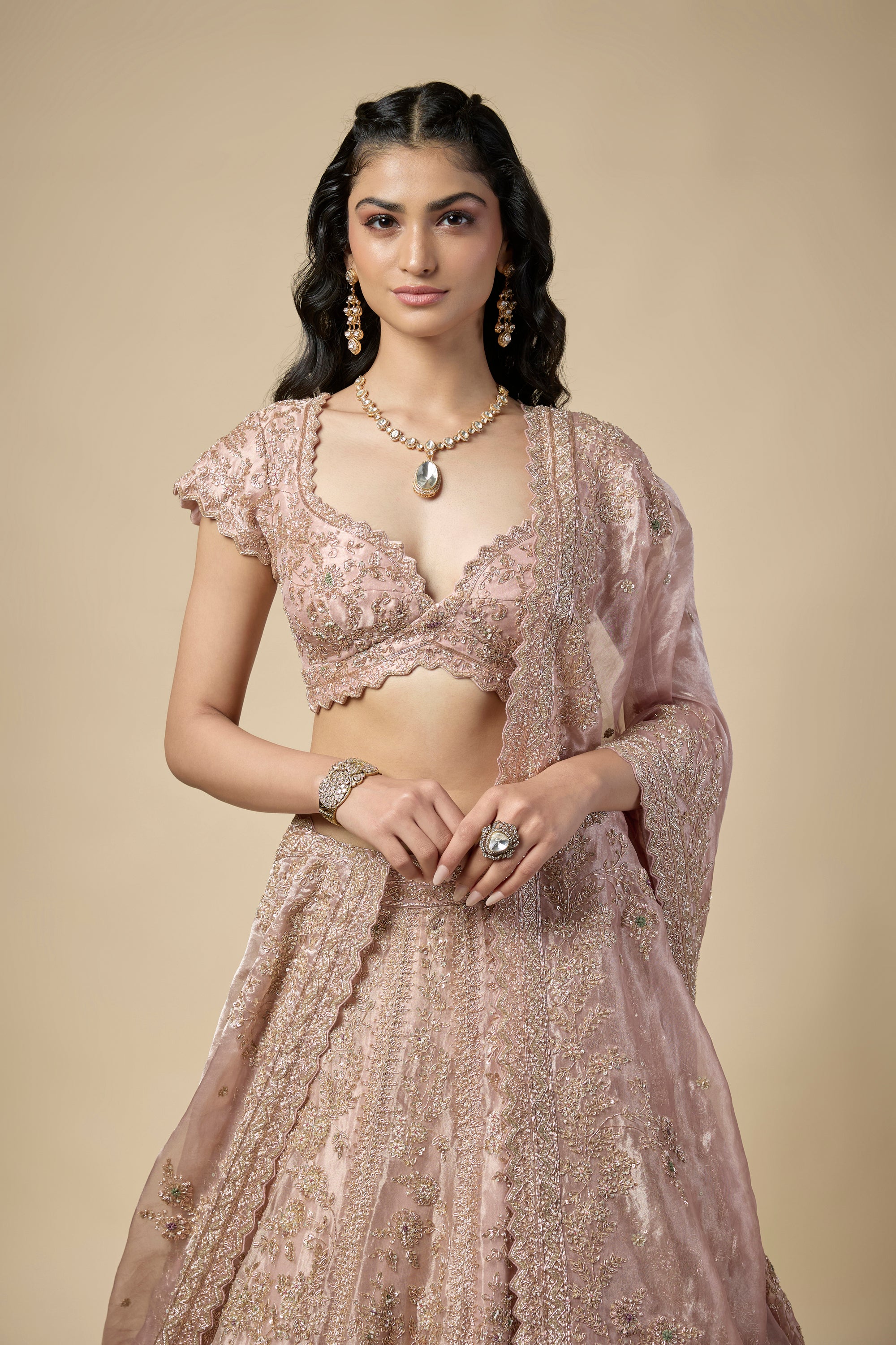 Rose Pink Tissue Sequins and Pearls Embroidered Lehenga Set