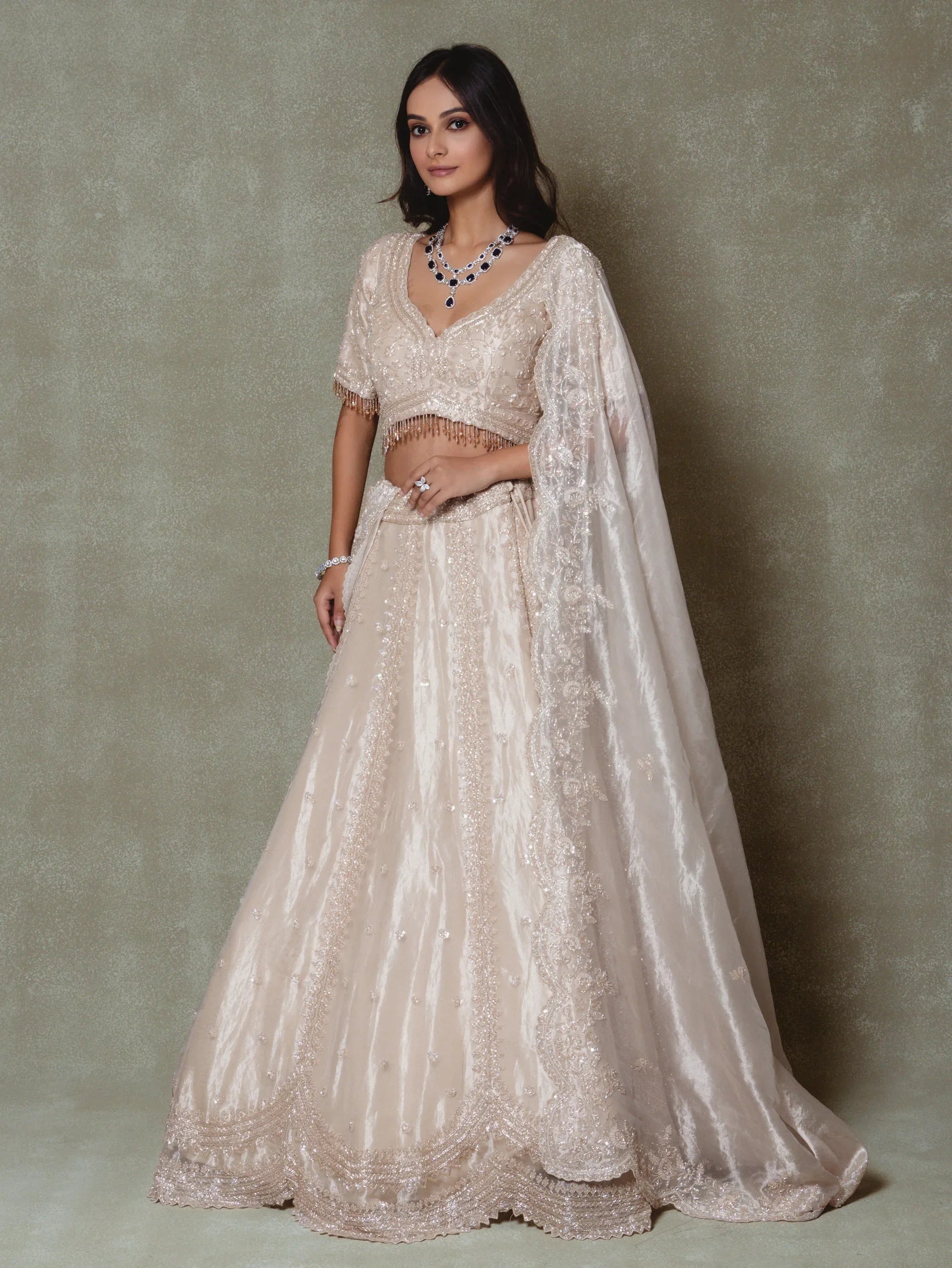 Champagne Tissue Pearls Embroidered Lehenga Set - Vedant G