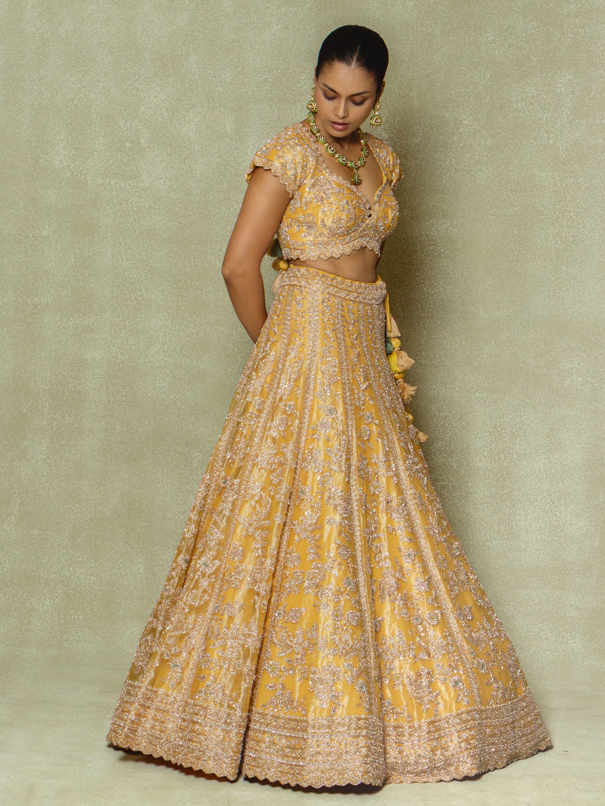 Yellow Tissue Embroidered Lehenga Set