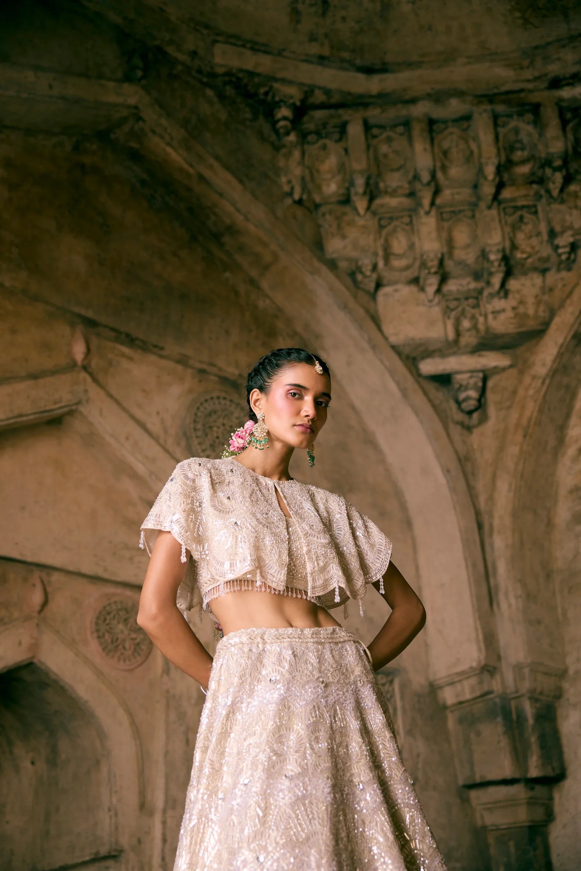 Champagne Tissue Cape Lehenga Set - Vedant G