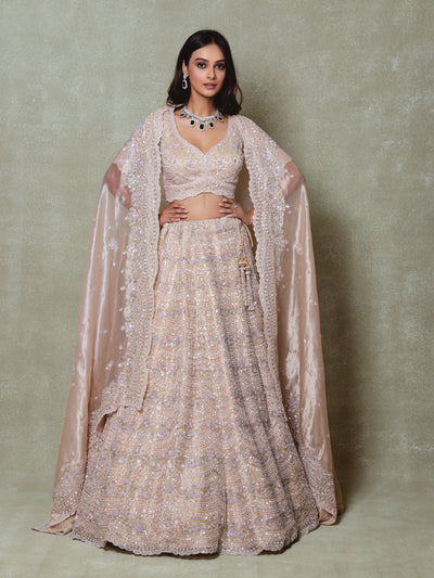 Peach Tissue Embroidered Lehenga Set