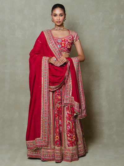 Red Crepe Sequins Embellished Lehenga Set