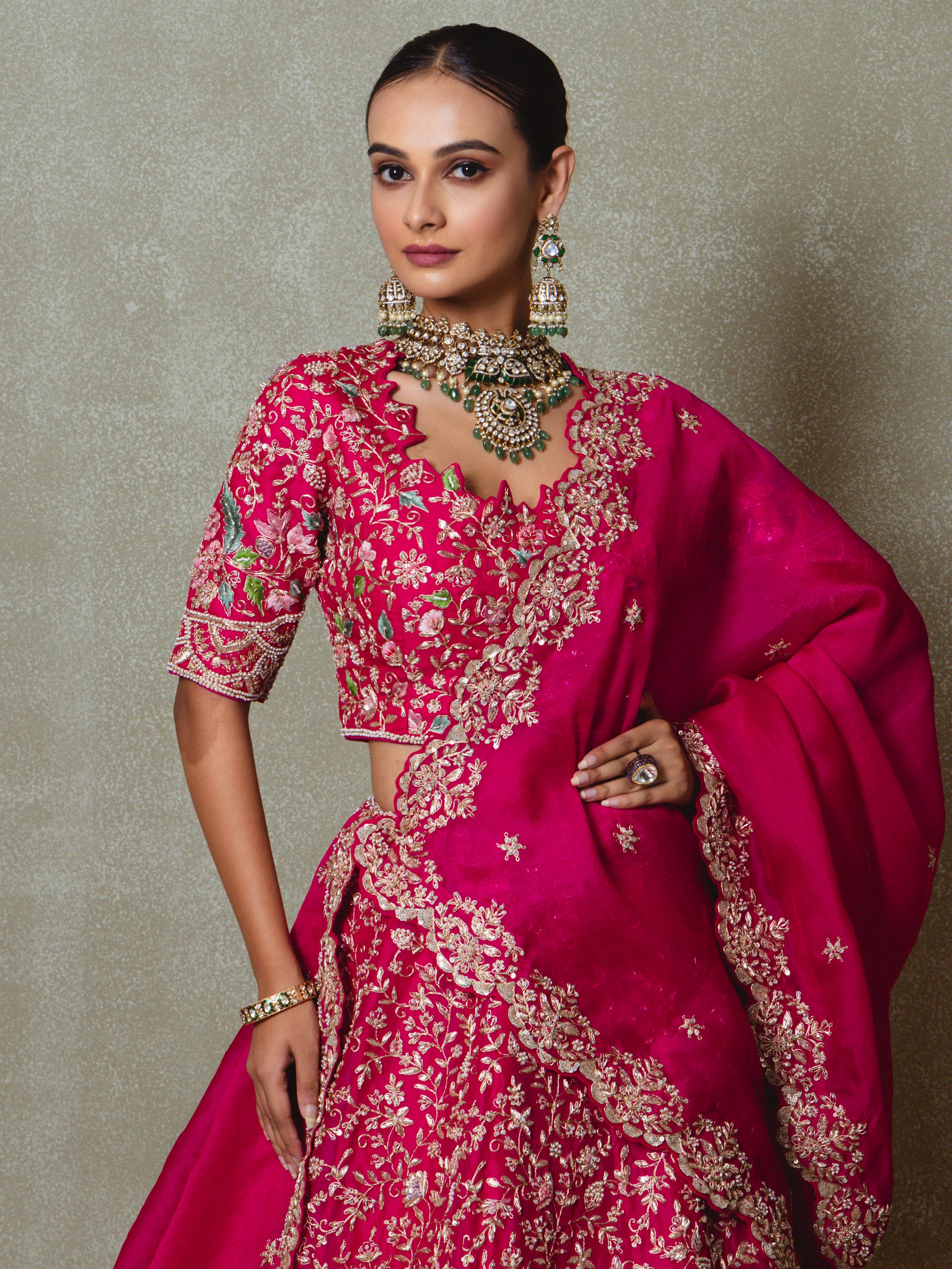 Rani Pink Organza Embroidered Lehenga Set