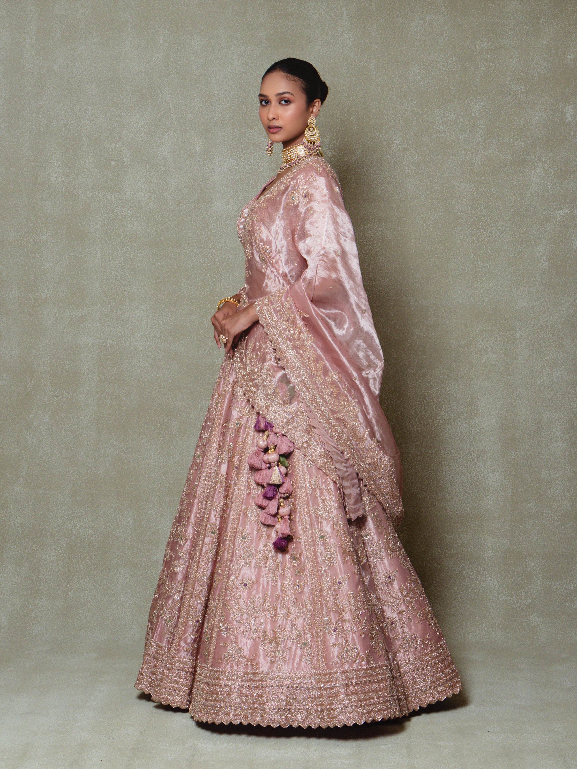 Rose Pink Tissue Embroidered Lehenga Set