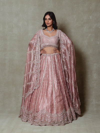 Rose Pink Tissue Pearls and Sequins Embroidered Lehenga Set