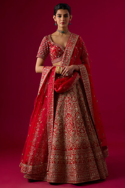 Red Silk Sequins Embroidered Lehenga Set