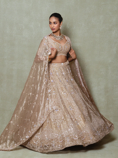 Brown Tissue Embroidered Lehenga Set - Vedant G