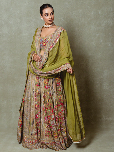 Olive Green Crepe Silk Digital Printed Lehenga Set