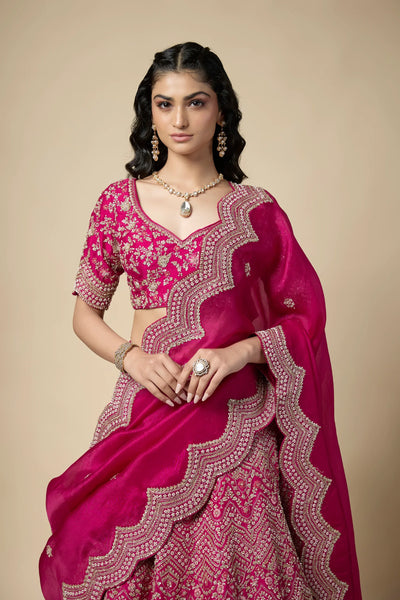 Fuschia Pink Silk Sequins Embroidered Lehenga Set - Vedant G