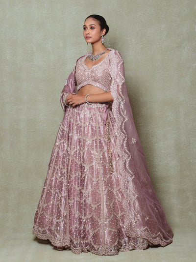 Rose Pink Tissue Pearls Embroidered Lehenga Set