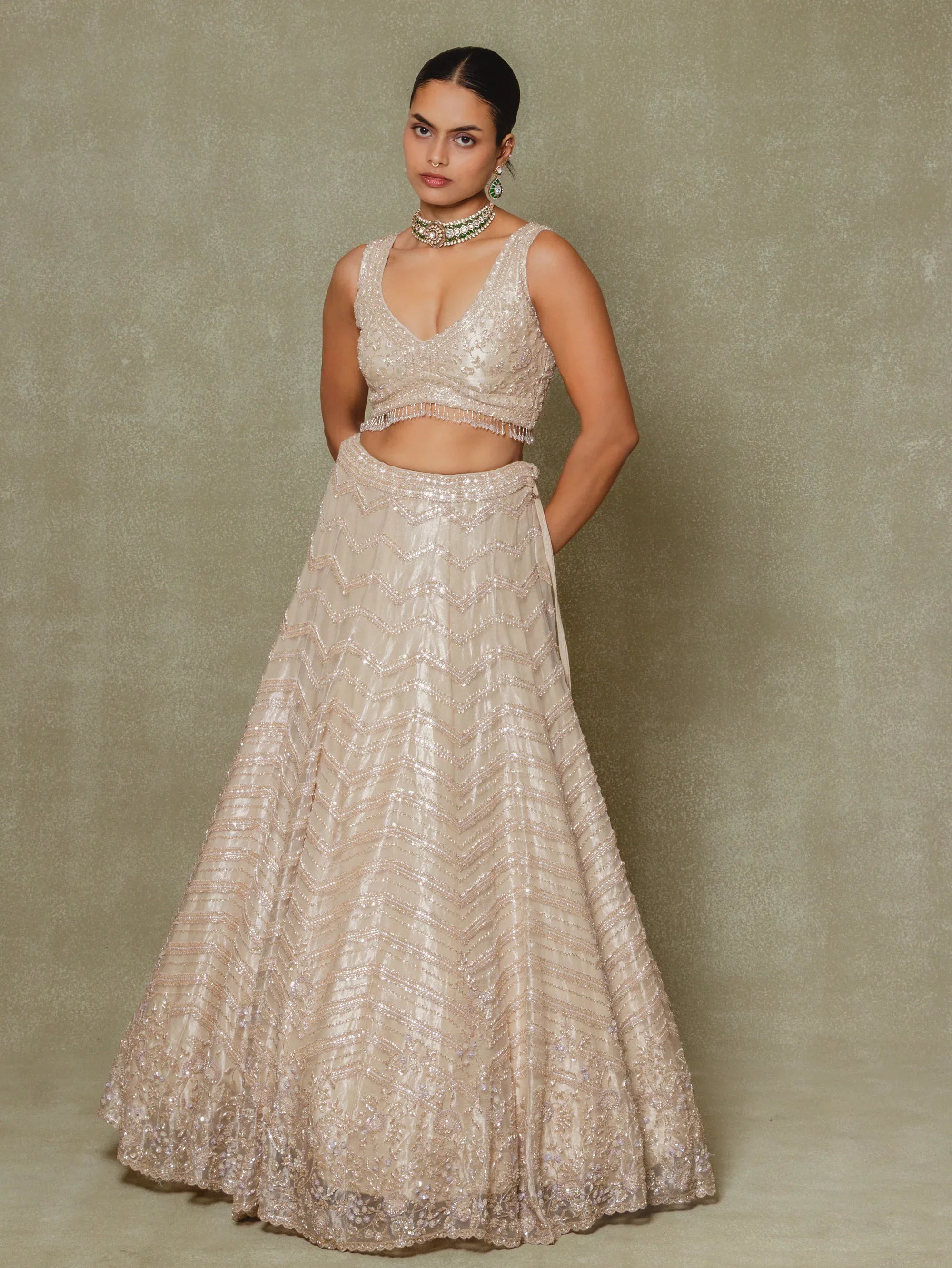 Champagne Tissue Pearls and Sequins Embroidered Lehenga Set - Vedant G