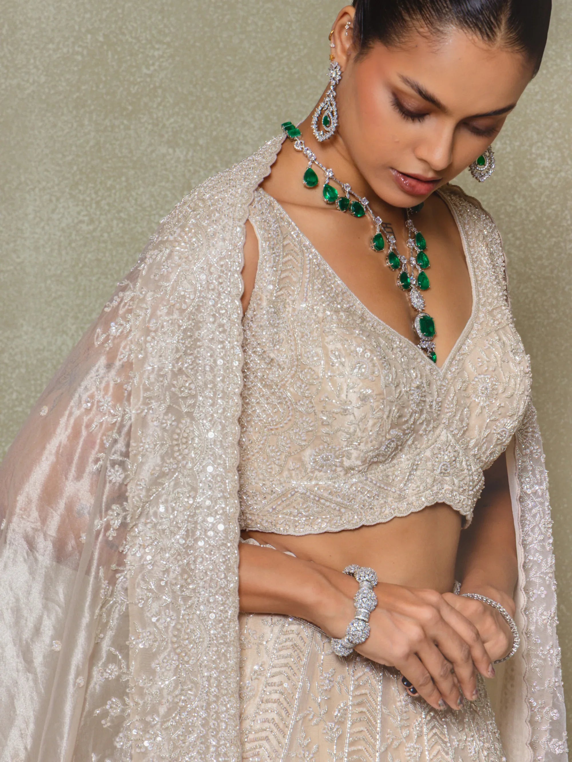 Champagne Tissue Sequins and Cutdana Embroidered Lehenga Set - Vedant G