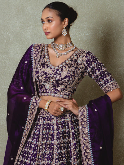 Purple Organza Cutdana Embroidered Lehenga Set