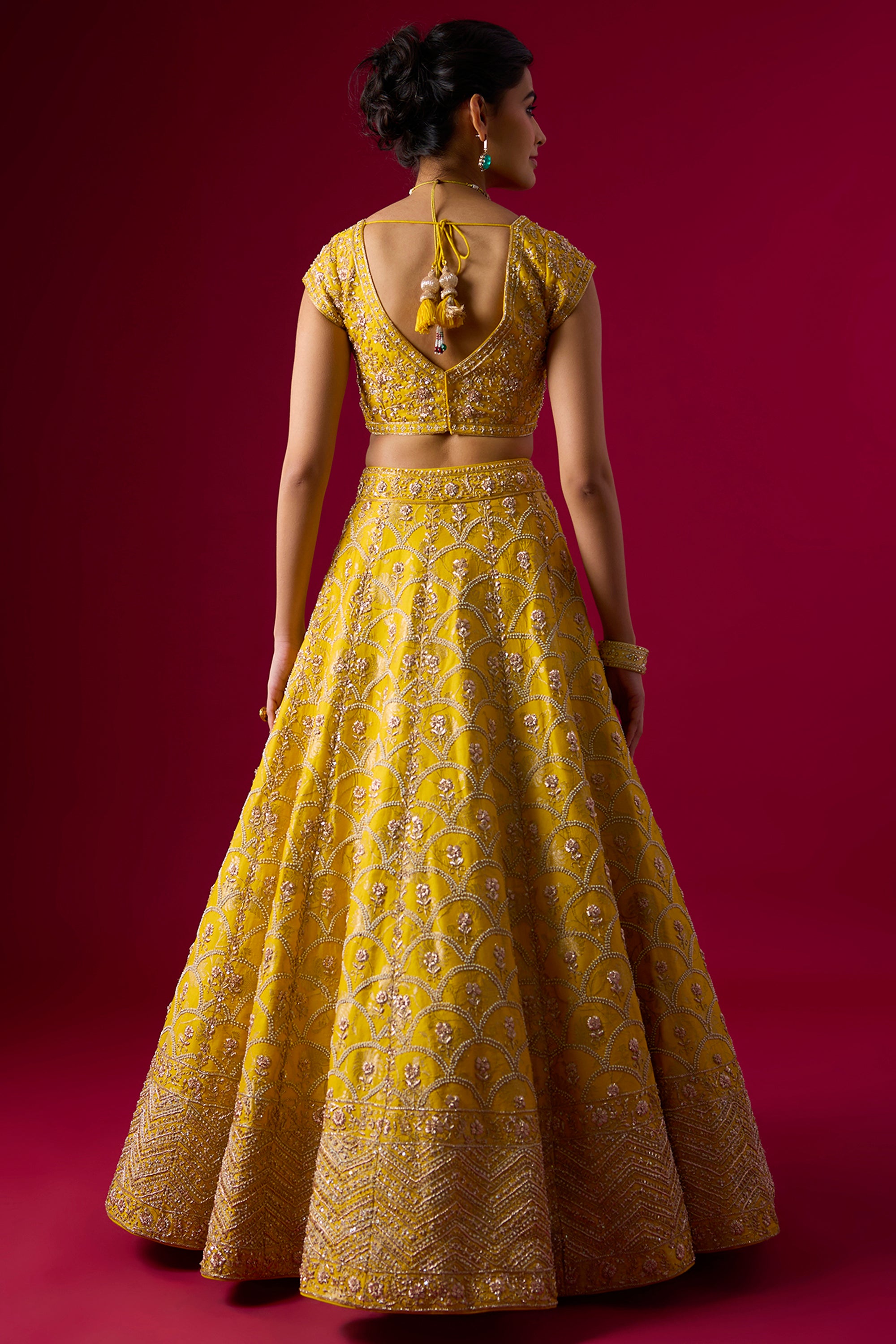 Yellow Brocade Sequins Embroidered Lehenga Set