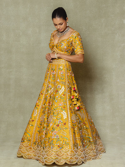 Yellow Organza Embroidered Lehenga Set