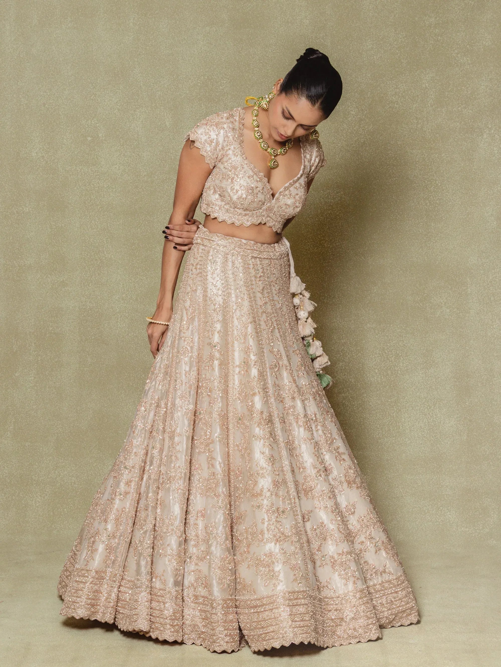 Champagne Silk Embroidered Lehenga Set - Vedant G