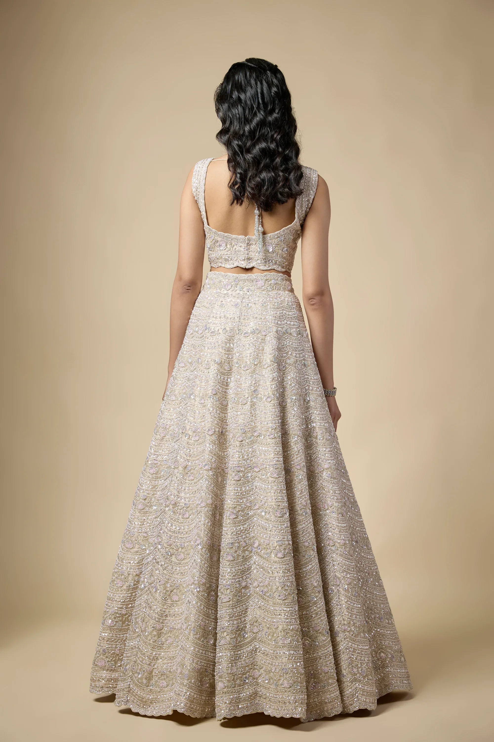 Champagne Tissue Sequins and Pearls Embroidered Lehenga Set - Vedant G