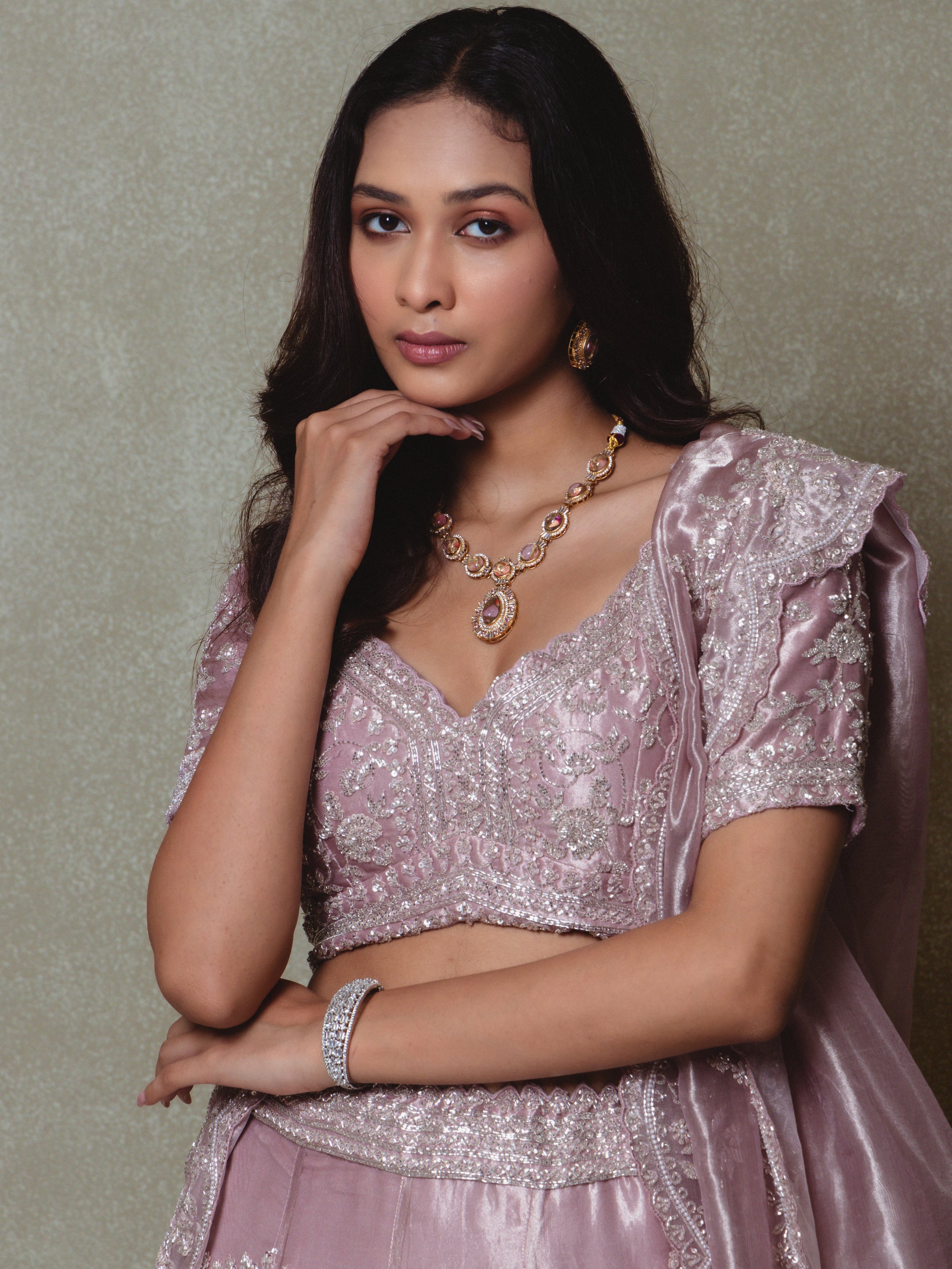 Lavender Tissue Embroidered Lehenga Set