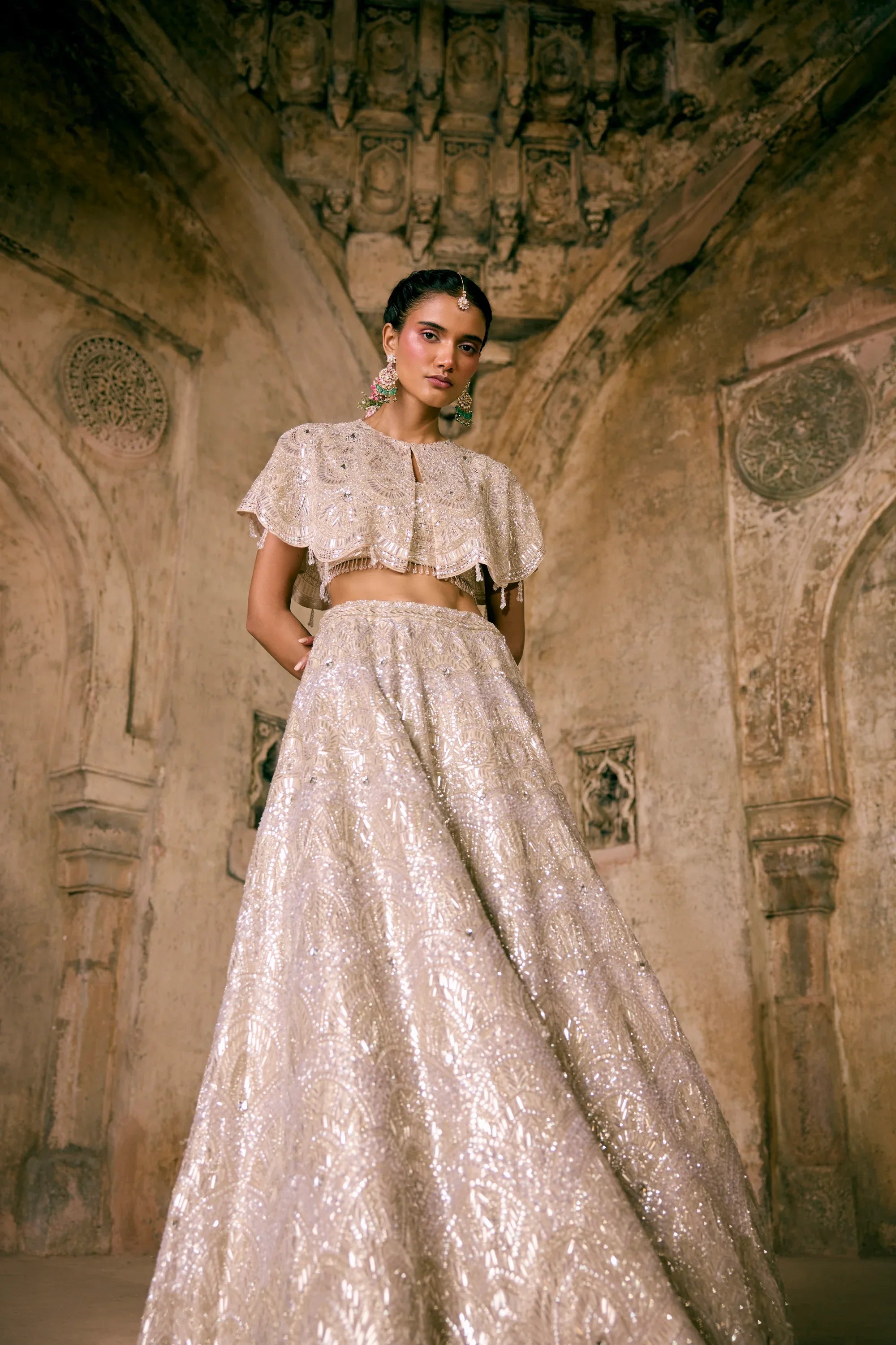Champagne Tissue Cape Lehenga Set - Vedant G