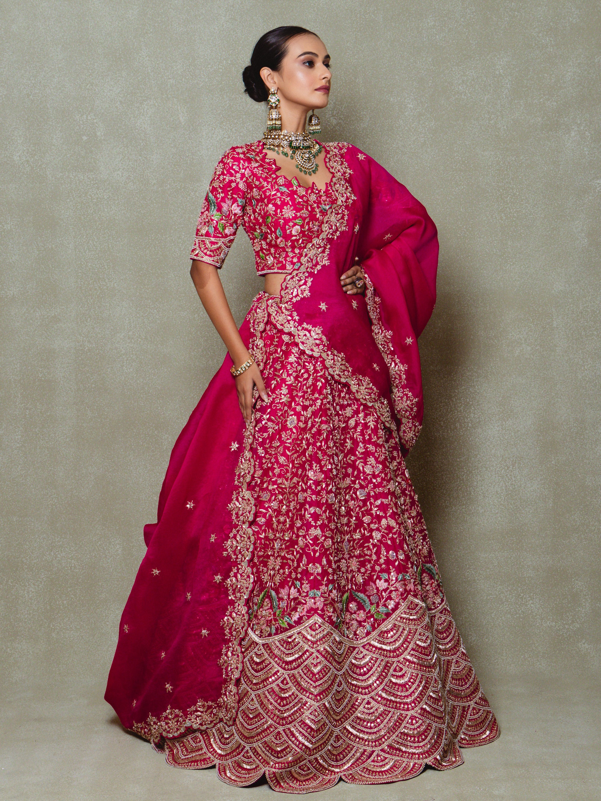 Rani Pink Organza Embroidered Lehenga Set